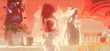 a girl with red hair is standing next to a mannequin
