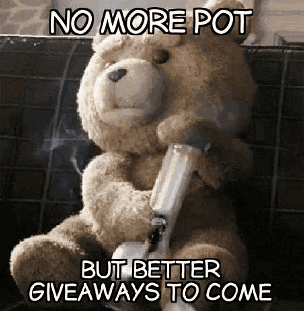 a teddy bear is smoking a bong while sitting on a couch with a meme .