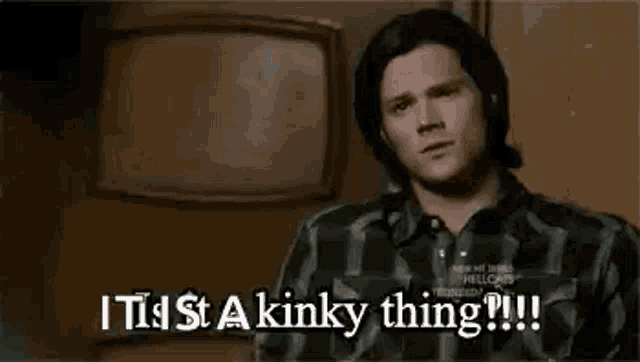 a man in a plaid shirt is sitting in front of a television and saying `` i just a kinky thing ! ''