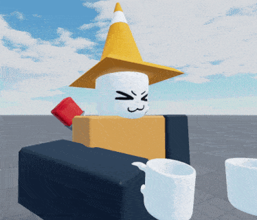 a cartoon character wearing a yellow cone hat with a face on it
