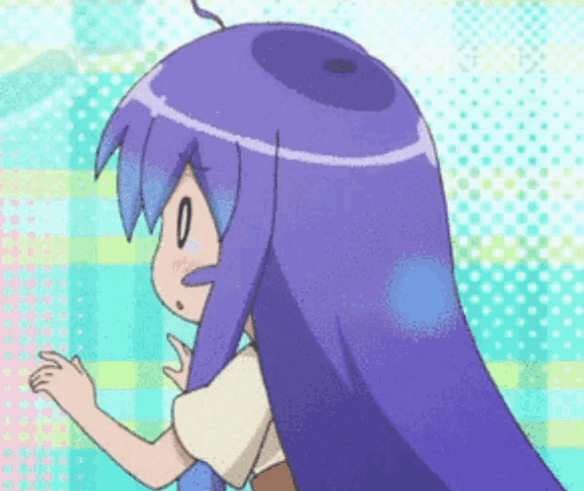 a cartoon girl with purple hair is standing in front of a colorful background