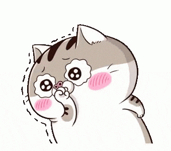 a cartoon cat with big eyes and a pink cheek is blowing a kiss .