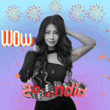 a woman in a black top is surrounded by fireworks and the word wow is above her
