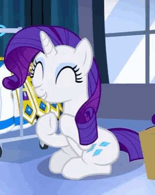 a white pony with a purple mane and tail