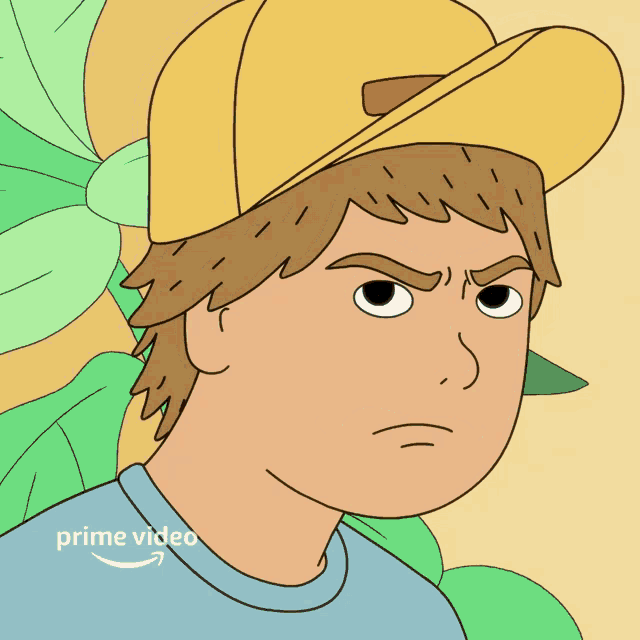 a cartoon of a boy wearing a yellow hat and a blue shirt with the word prime video on it