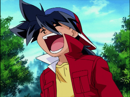 a cartoon character with a red jacket and a yellow shirt is laughing