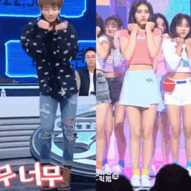 a man in a polka dot shirt and a woman in a pink top are standing next to each other on a stage