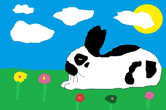 a drawing of a black and white rabbit laying in a field of flowers
