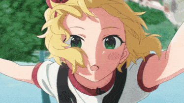 a girl with blonde hair and green eyes looks up at the sky