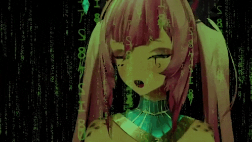 a girl with pink hair is standing in front of a matrix background with numbers and symbols