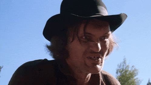 a man wearing a cowboy hat is looking at the camera with a blue sky in the background