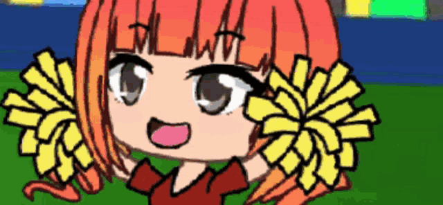 a drawing of a cheerleader with orange hair holding yellow pom poms