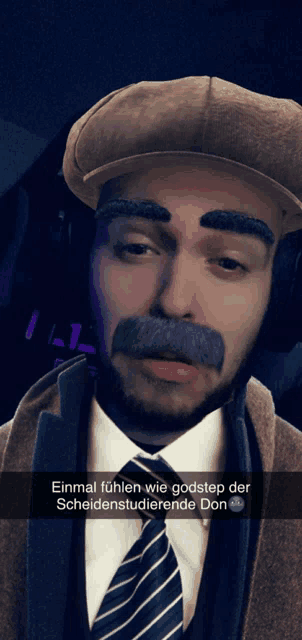 a man with a fake mustache and beard is wearing a hat and tie