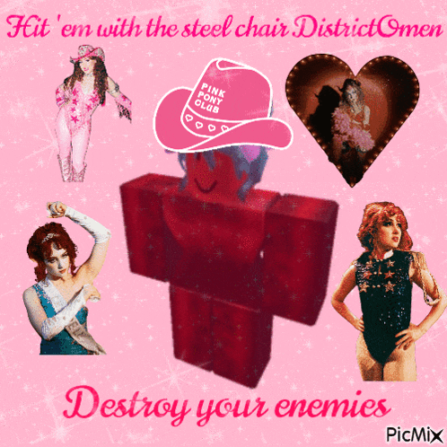 a pink poster that says hit em with the steel chair district omen
