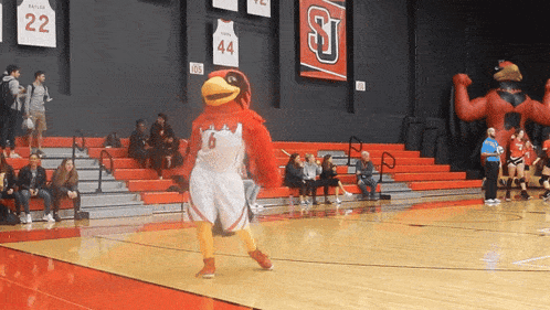 a mascot on a basketball court wearing a number 6 jersey