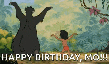 a cartoon of a bear and a boy dancing in the jungle with the words `` happy birthday , mo !! ''