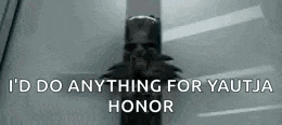 a black and white photo of a person holding a sword and the words `` i 'd do anything for yautja honor ''