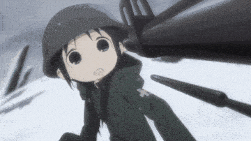 a little girl in a military uniform is holding a gun in the snow .