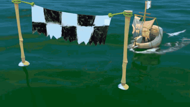 a boat with a checkered flag on top of it is in the water