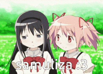 a couple of anime girls standing next to each other with samuliza 3 written on the bottom