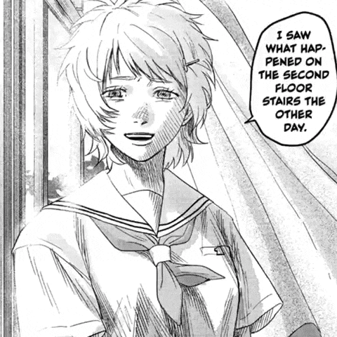 a black and white image of a girl with a speech bubble that says i saw what happened on the second floor