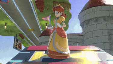 a video game character named daisy is standing on a stage