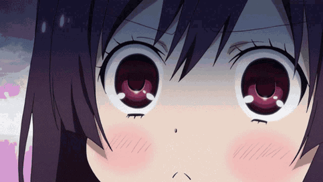 a close up of a girl 's eyes with a purple background