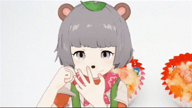 a cartoon girl with a teddy bear on her head is eating a cupcake