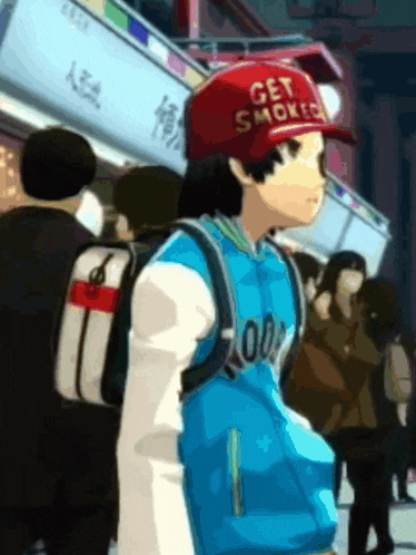 a man wearing a red hat that says get smoked