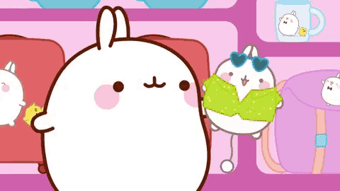 a cartoon rabbit wearing sunglasses and a green shirt is standing in front of a pink wall .
