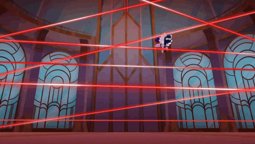 a cartoon character with a sword is surrounded by red laser beams