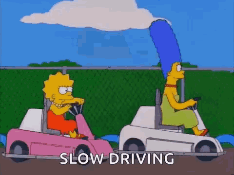 a couple of cartoon characters are driving golf carts and the words slow driving are visible .