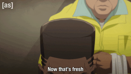 a man in a yellow jacket says " now that 's fresh " next to another man