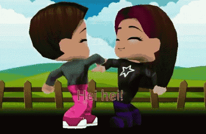 a couple of cartoon characters standing next to each other with the words hei hei written on the bottom