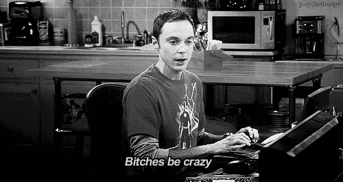 a black and white photo of a man typing on a keyboard with the words " bitches be crazy " written below him