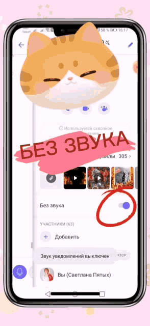 a phone screen with a cat face and the words " без звука " on the bottom