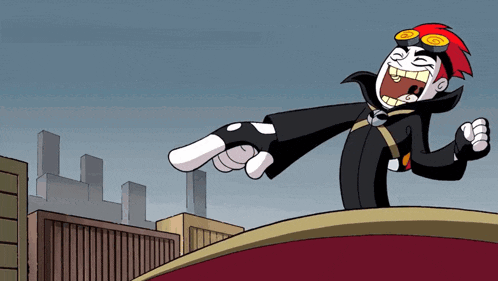 a cartoon character with red hair and goggles is pointing