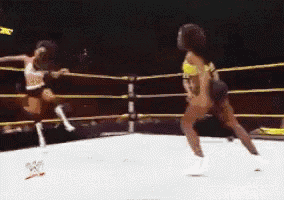 two women are wrestling in a ring with a w logo on the ground