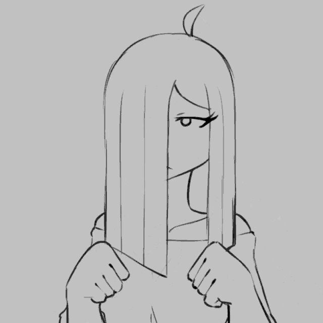 a black and white drawing of a woman with long hair covering her face with her hands