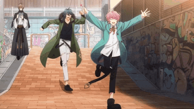 a group of anime characters are walking down a brick sidewalk