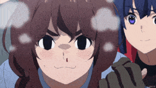 a girl with a red nose and a girl with purple eyes