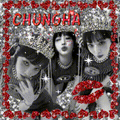 a black and white photo of three girls with the name chungha in red