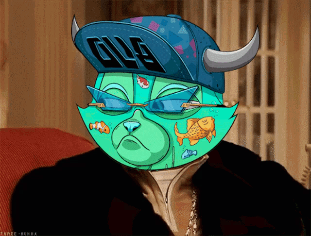 a cartoon character wearing a hat that says gla