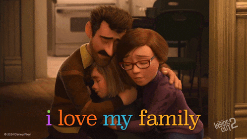 a poster for inside out 2 shows a man and woman hugging a little girl
