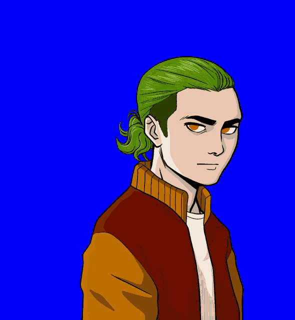 a cartoon drawing of a man with green hair