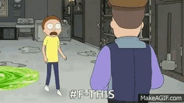 a cartoon character is standing next to a man in a purple jacket .