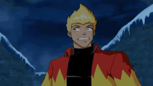 a cartoon character with a surprised look on his face is wearing a fire jacket