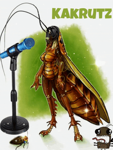 a drawing of a cockroach standing next to a microphone with the name kakrutz written above it