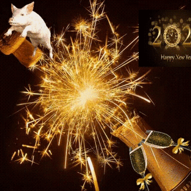 a pig is jumping out of a bottle of champagne surrounded by fireworks .