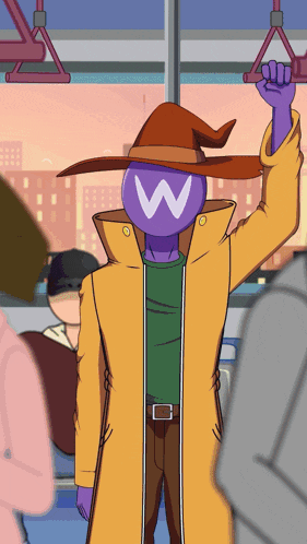 a cartoon character with a purple head and the letter w on it